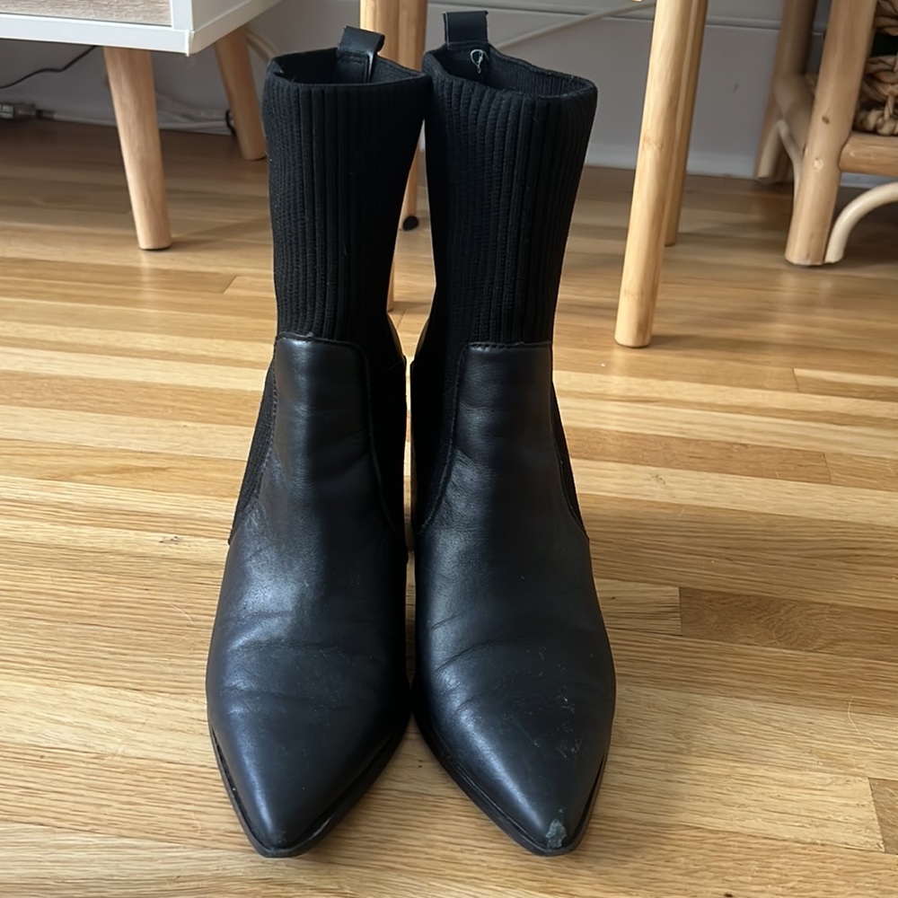 Steve Madden Black Pointed Block Heel Sock Booties - Picture 2 of 7